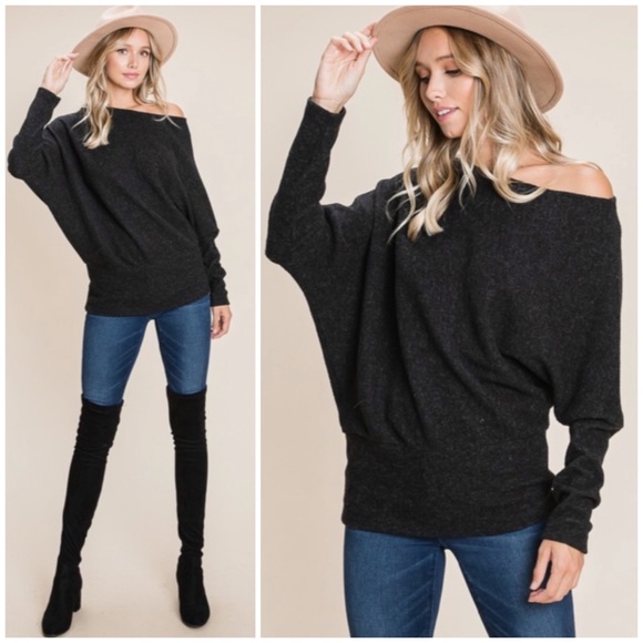 Sweaters - SOLD OUT Black Solid Ribbed Off Shoulder Dolman Sweater